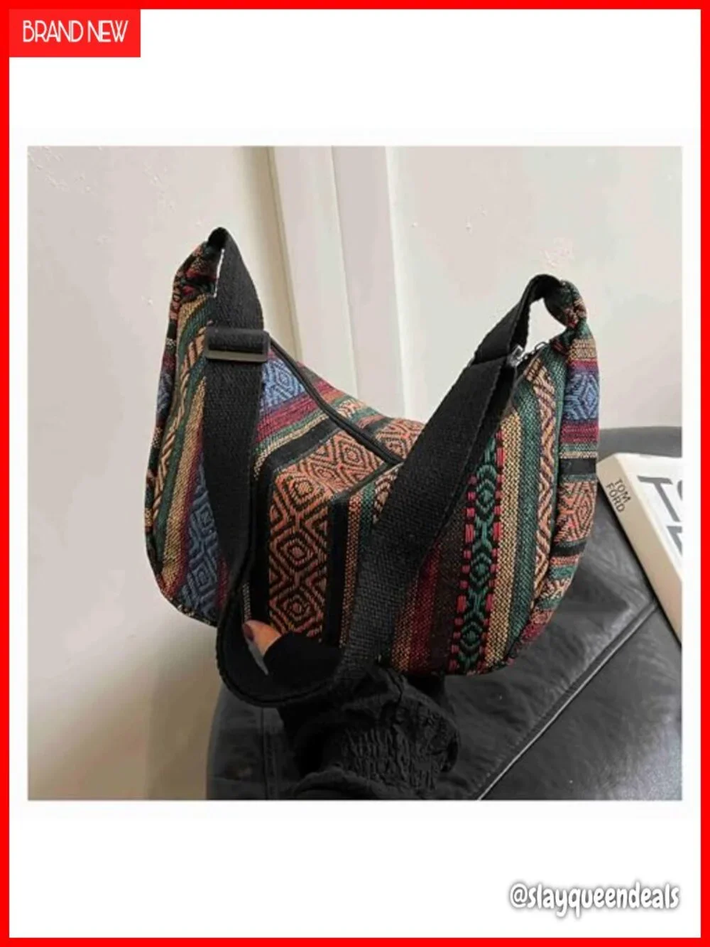 Boho woven hobo crossbody bag, ethnic geometric pattern, adjustable strap